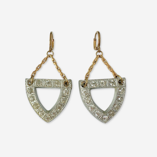 Vintage silver and clear rhinestone earrings with brass chain