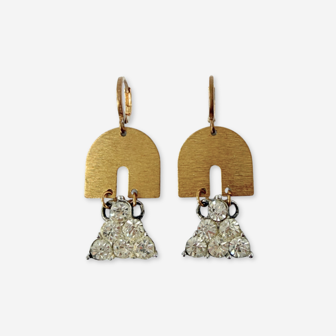 Vintage triangular clear rhinestone drop earrings with brass rainbow link