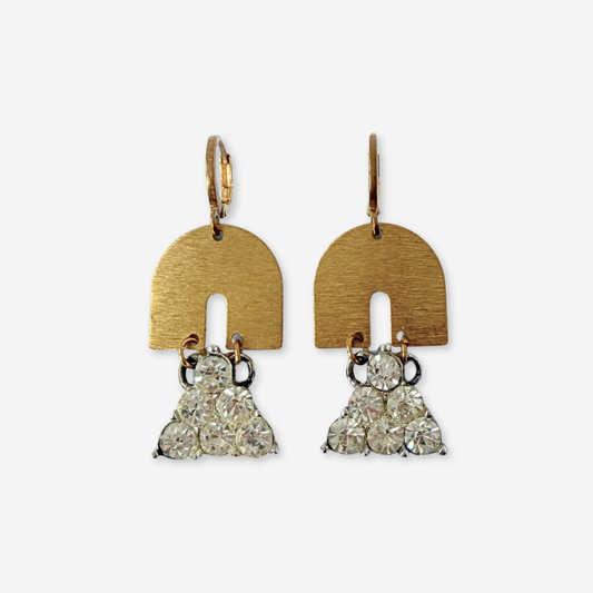 Vintage triangular clear rhinestone drop earrings with brass rainbow link