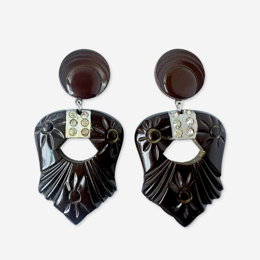 Large brown refashioned vintage carved acrylic drops with rhinestone accent