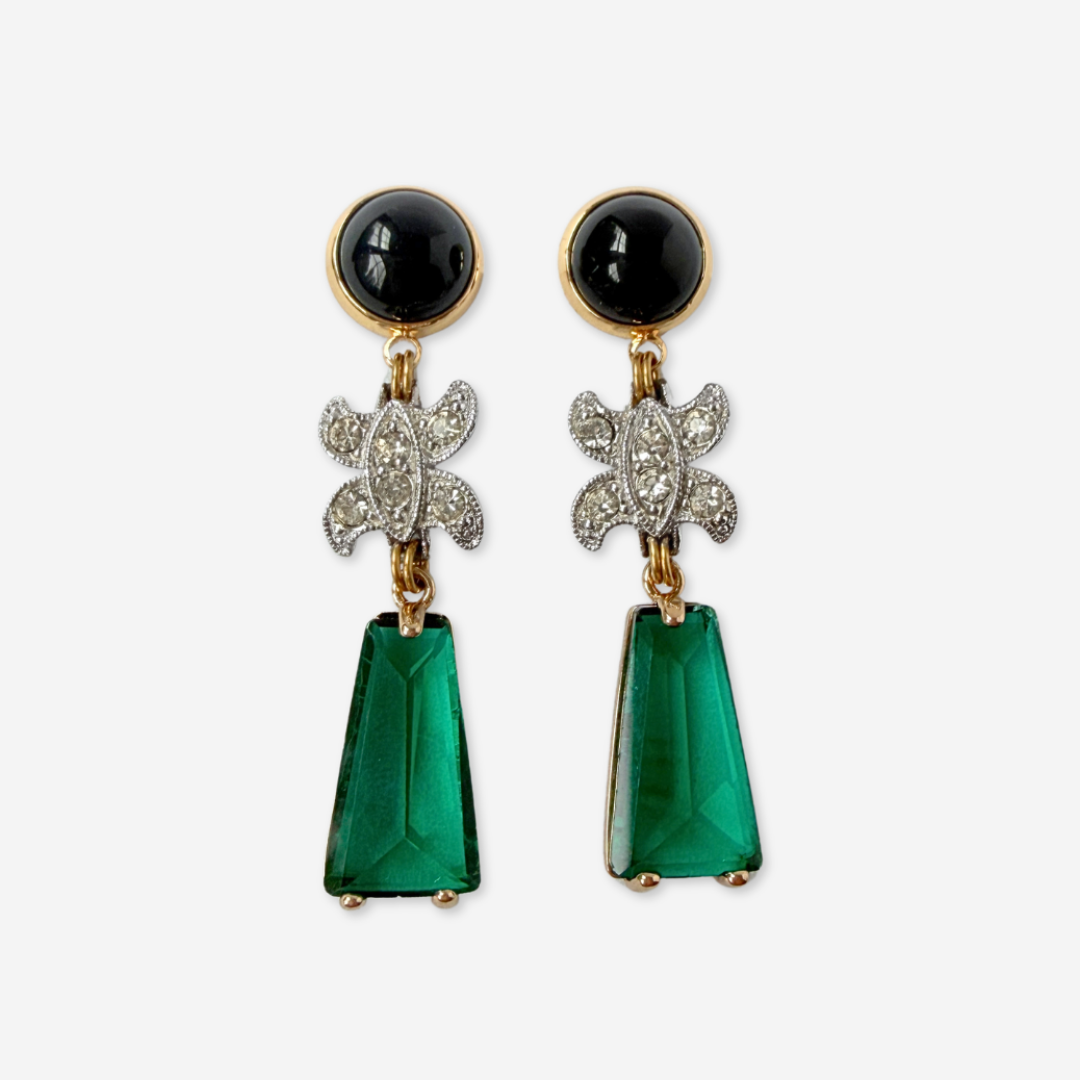 Green, black, and vintage rhinestone statement earrings