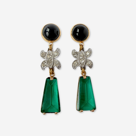 Green, black, and vintage rhinestone statement earrings