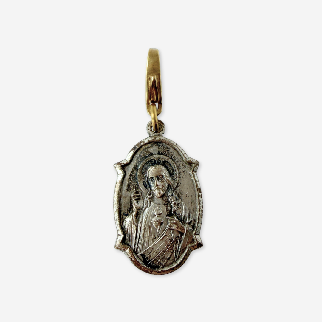 Vintage aged silver Jesus/ Lady of Mt. Carmel oval charm
