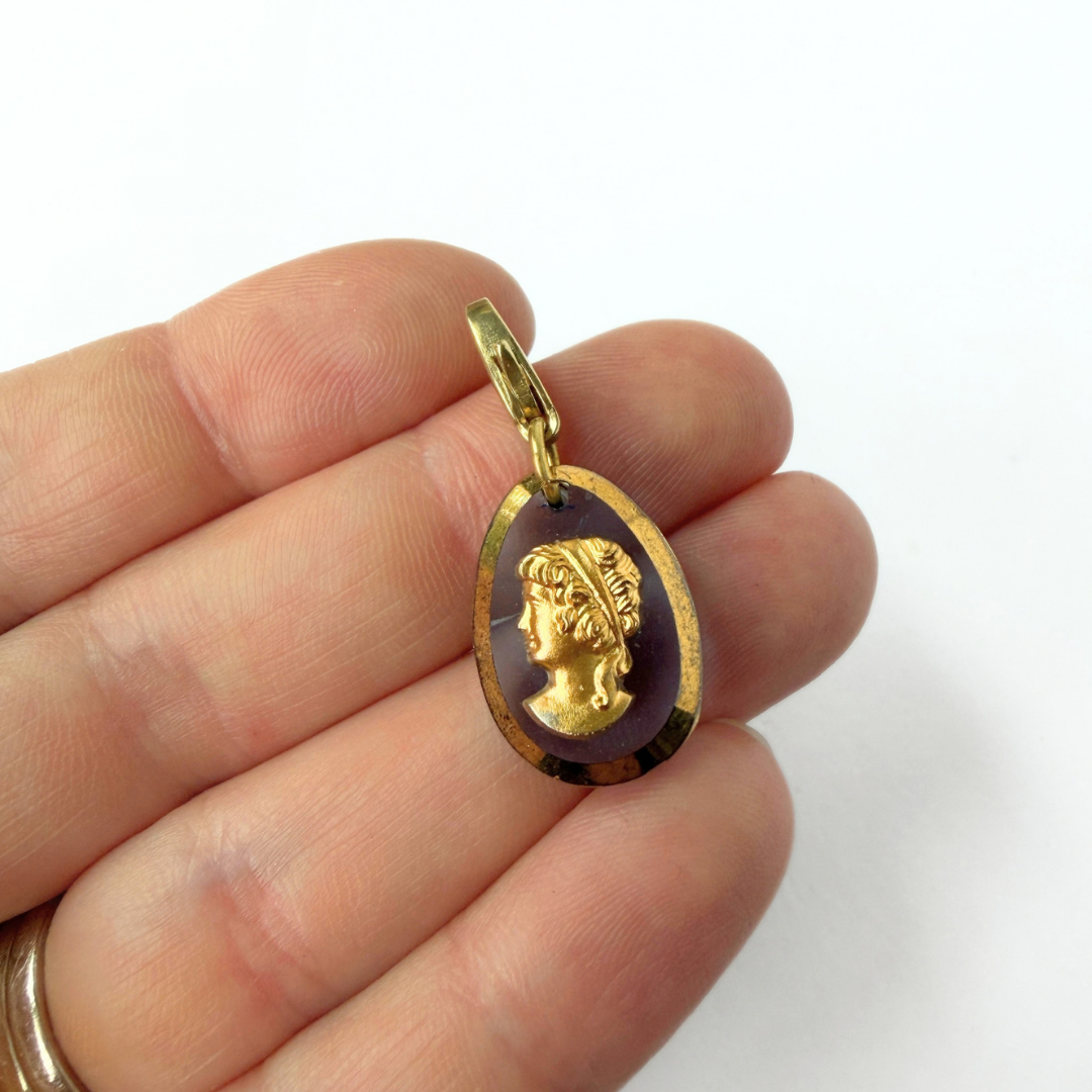 Refashioned vintage blue glass and gold cameo teardrop charm
