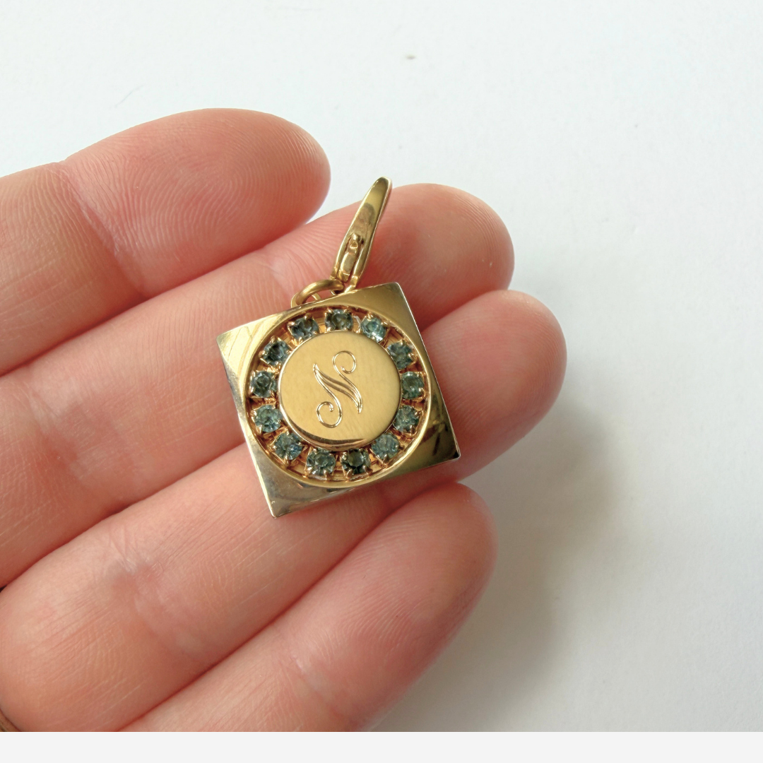 Refashioned vintage gold and blue rhinestone letter "N" monogram charm