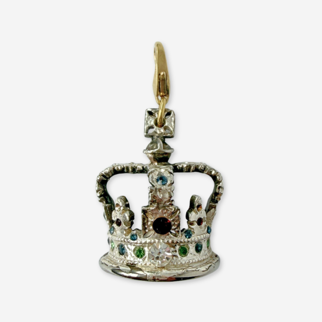 Large vintage silver crown charm with multicolor rhinestones