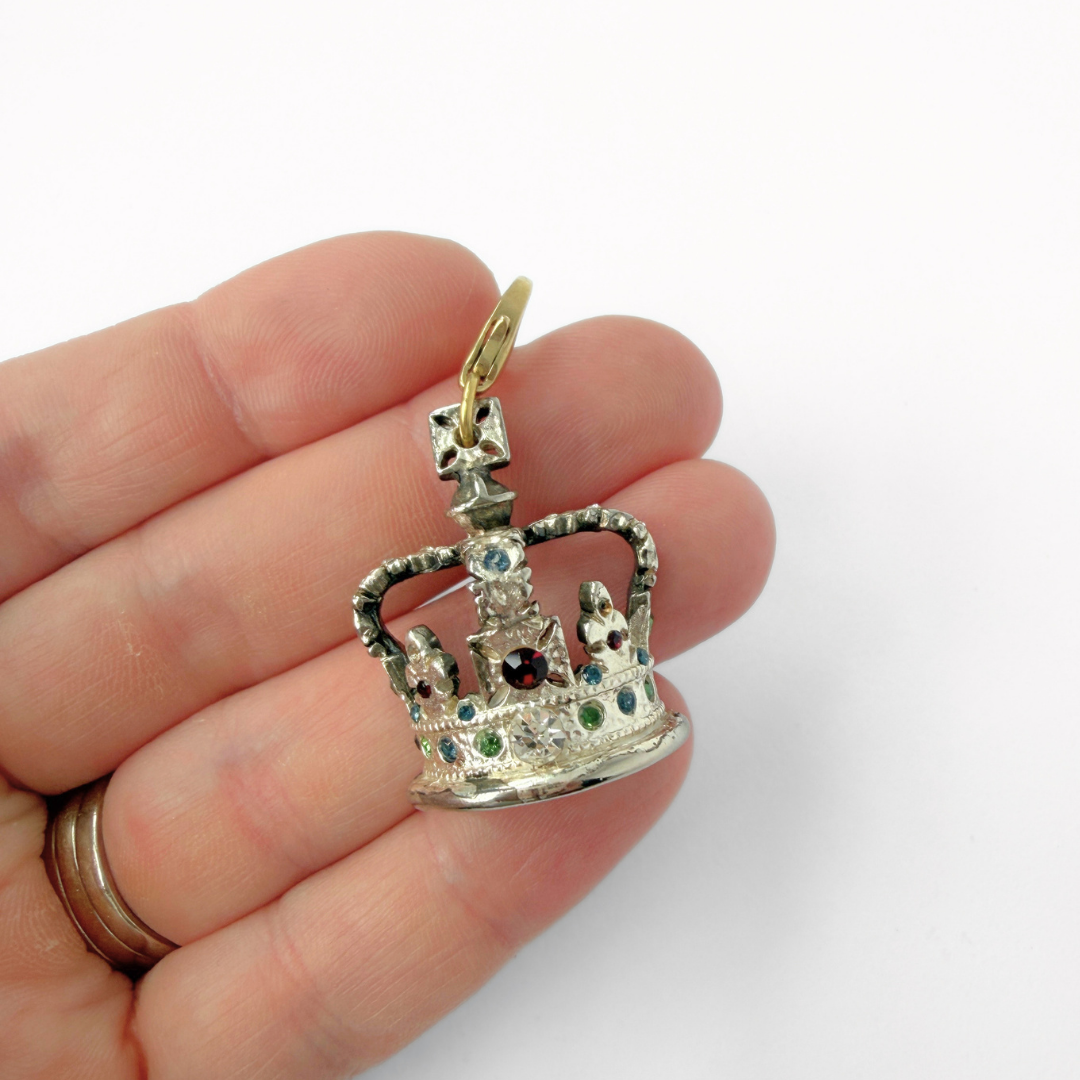 Large vintage silver crown charm with multicolor rhinestones