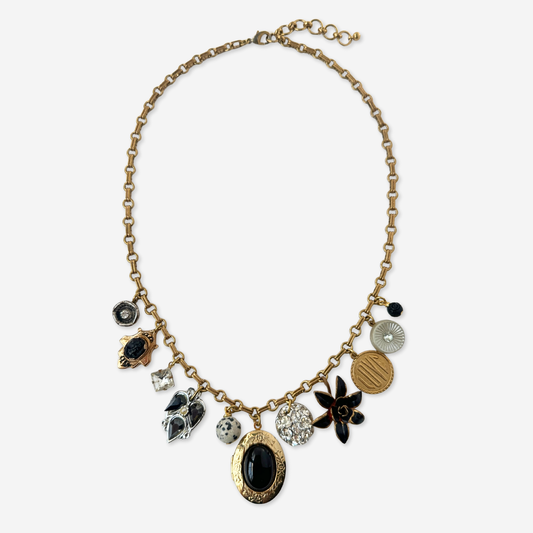 Black, silver, and gold charm repurposed vintage charm necklace