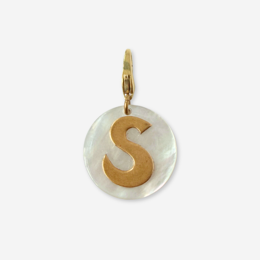 Vintage mother of pearl and brass "S" monogram circular charm