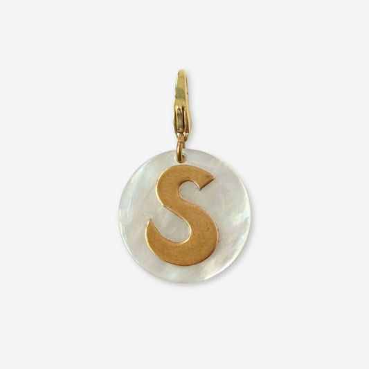 Vintage mother of pearl and brass "S" monogram circular charm