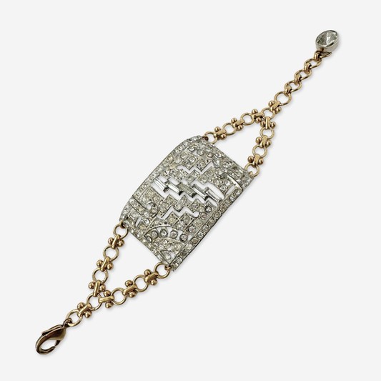 Refashioned Vintage rectangular rhinestone bracelet with brass chain