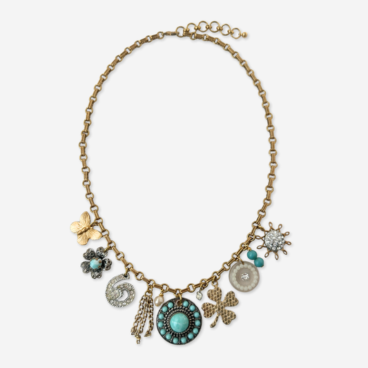 Turquoise, rhinestone, and gold charm repurposed vintage charm necklace