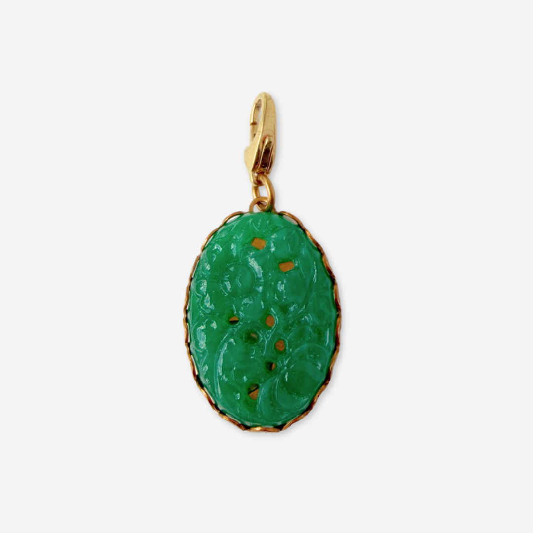 Vintage pressed green glass jade oval charm