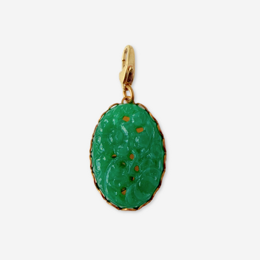 Vintage pressed green glass jade oval charm