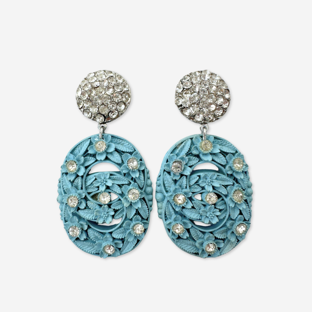 Large refashioned vintage baby blue molded plastic floral earrings