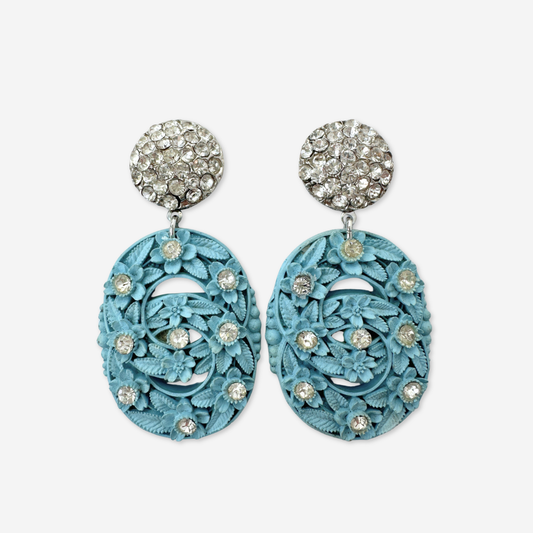 Large refashioned vintage baby blue molded plastic floral earrings