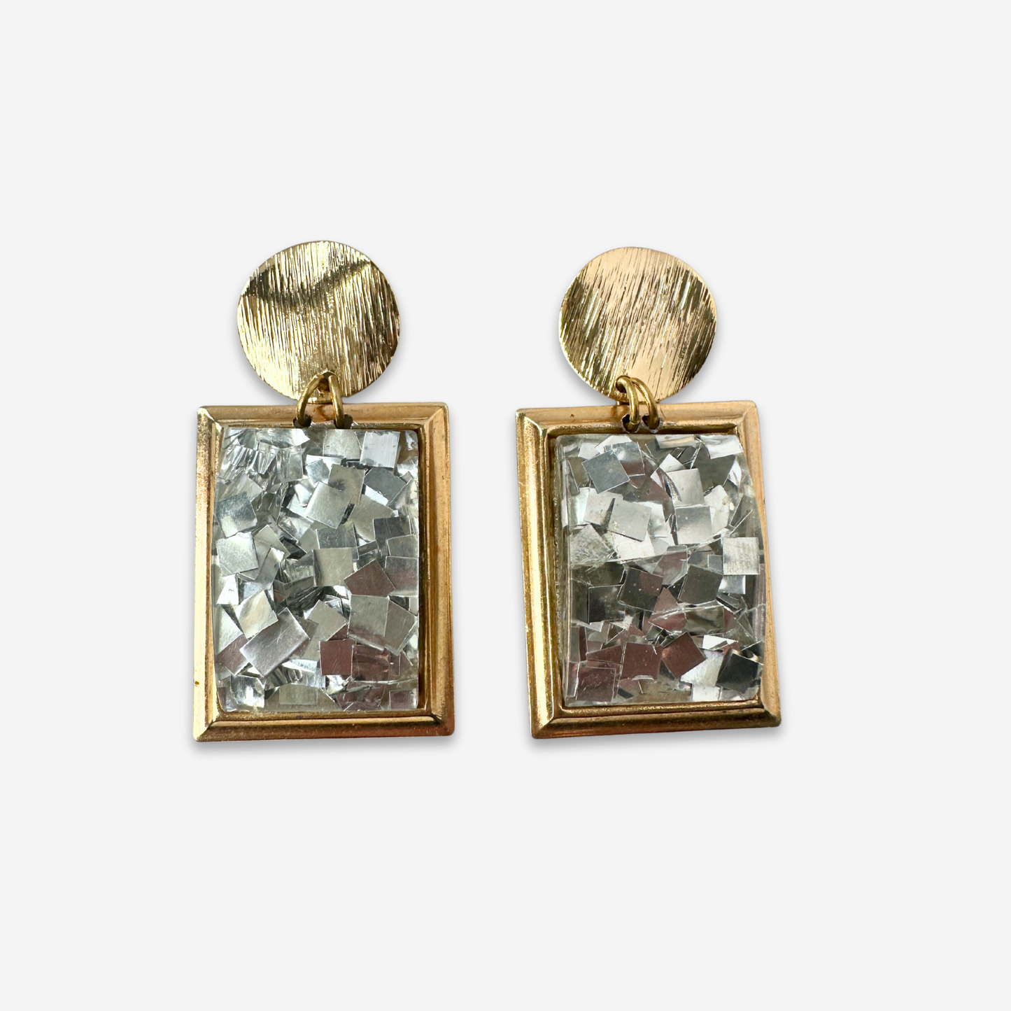 Refashioned vintage silver and gold lucite confetti rectangular earrings
