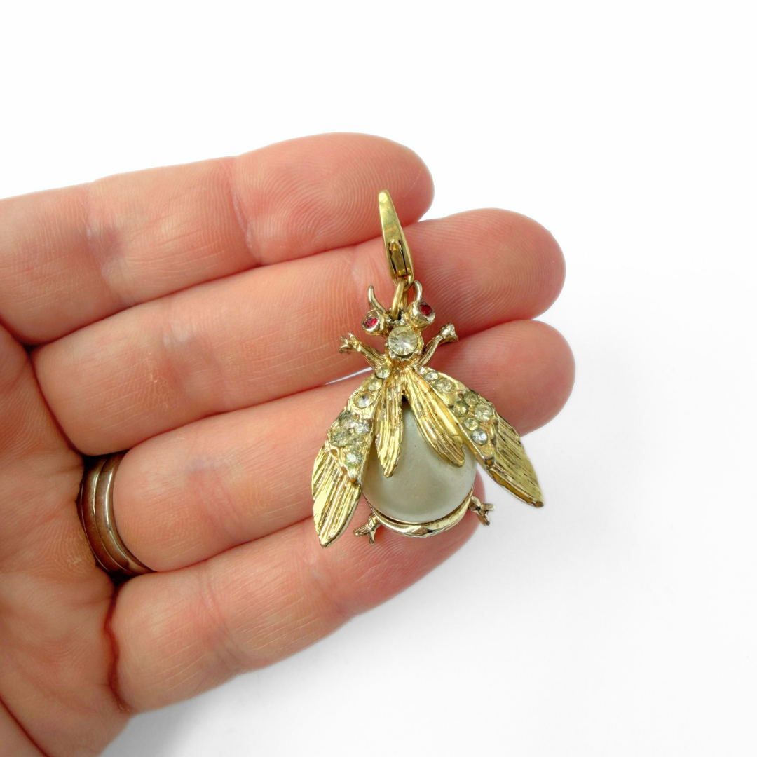 Large vintage gold and pearl rhinestone insect charm