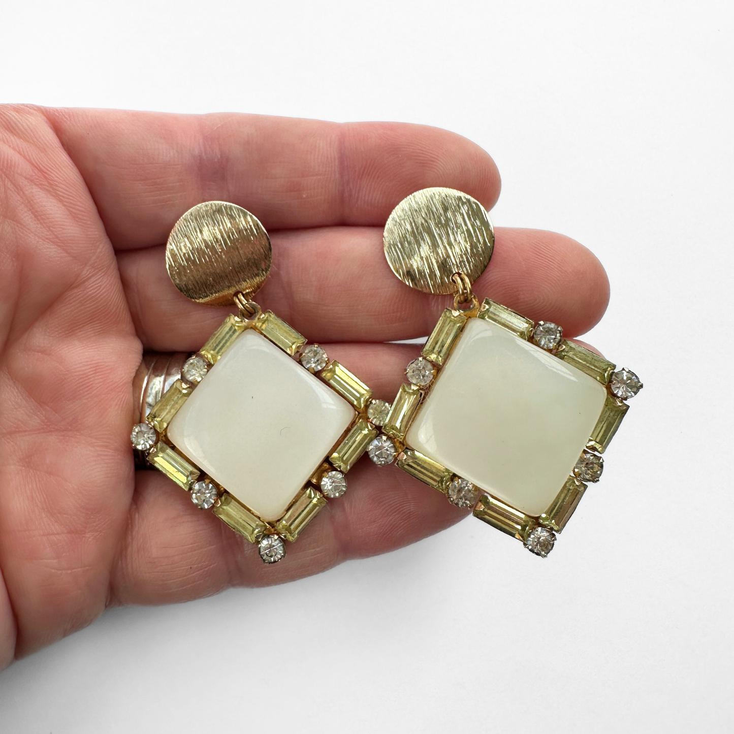 Large vintage pale yellow lucite rhinestone square earrings