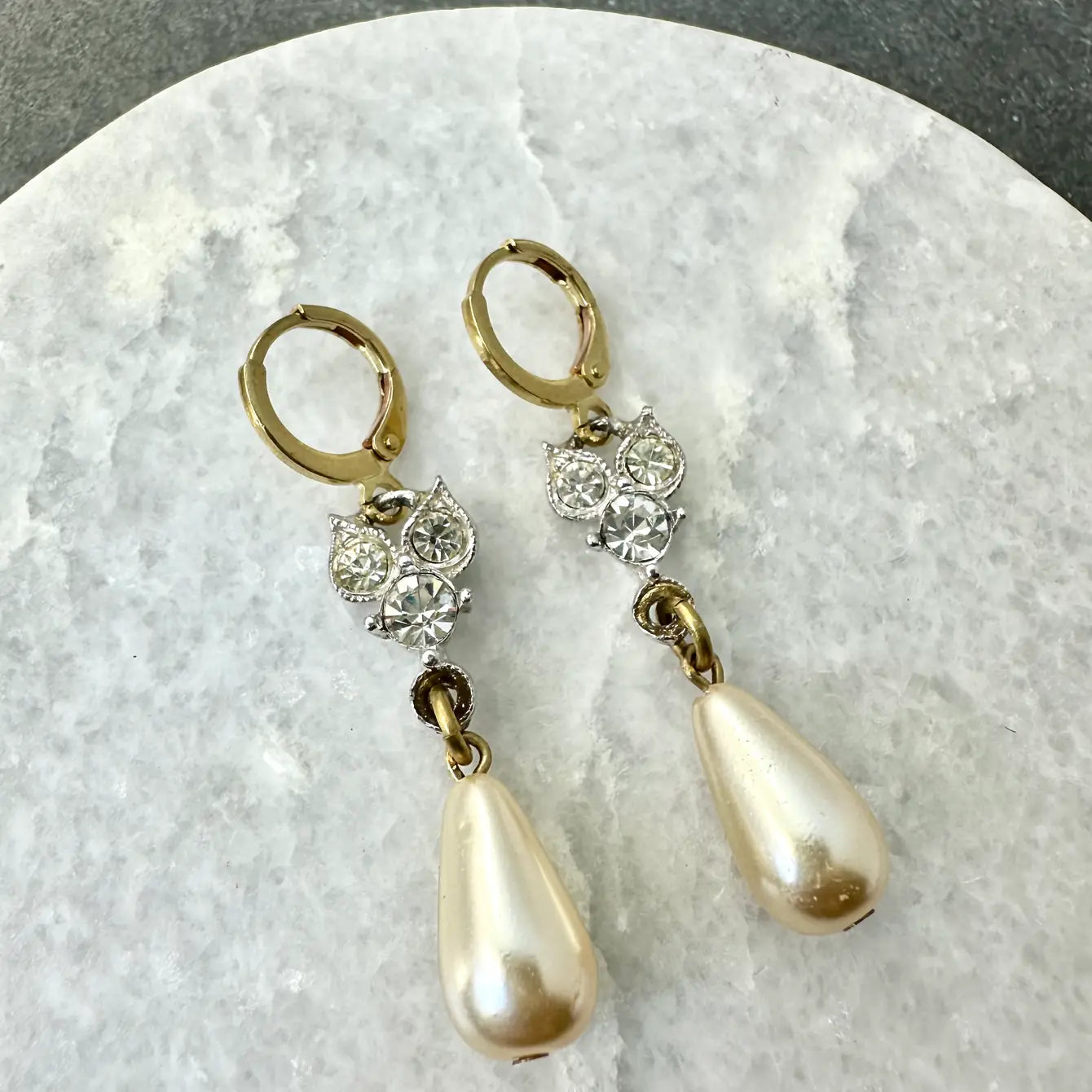 Refashioned vintage silver and clear rhinestone link earrings with pearl teardrop