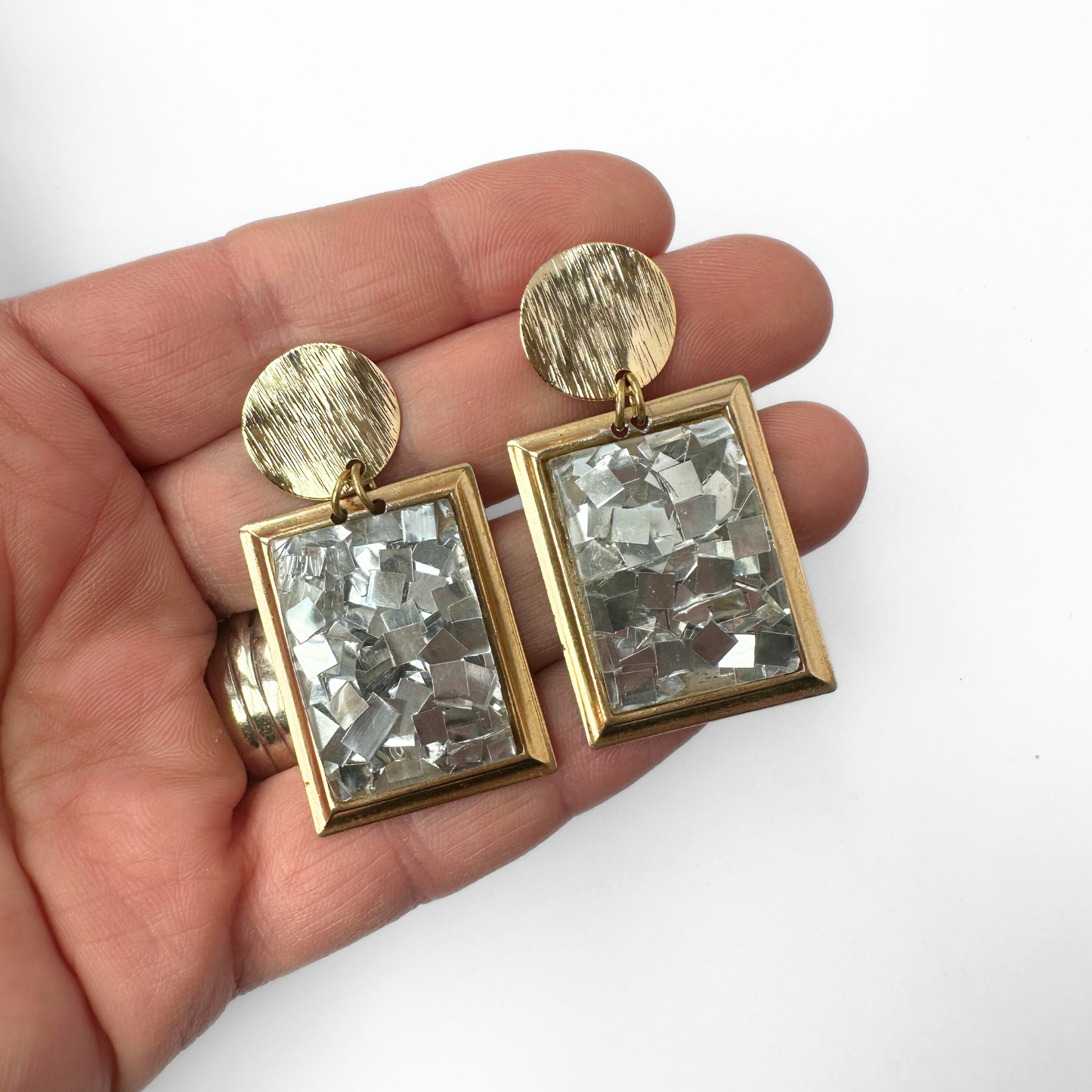Refashioned vintage silver and gold lucite confetti rectangular earrings