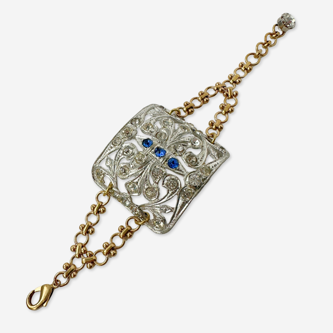 Refashioned Vintage clear and sapphire blue Rhinestone Shoe Buckle bracelet
