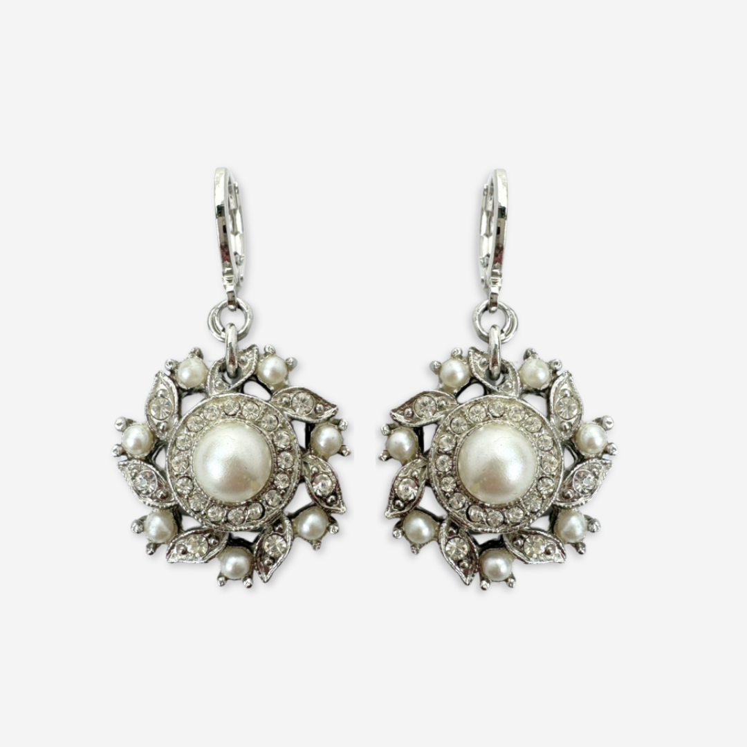 Refashioned vintage pearl, clear rhinestone, and silver earrings