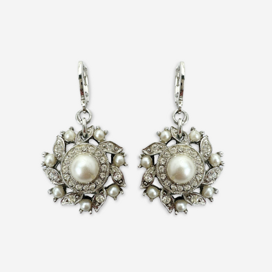 Refashioned vintage pearl, clear rhinestone, and silver earrings