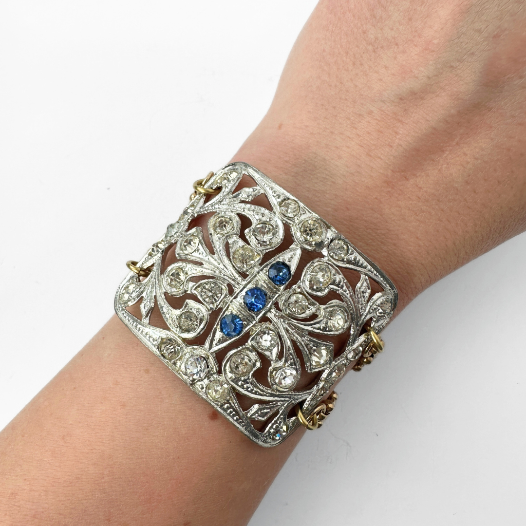 Refashioned Vintage clear and sapphire blue Rhinestone Shoe Buckle bracelet