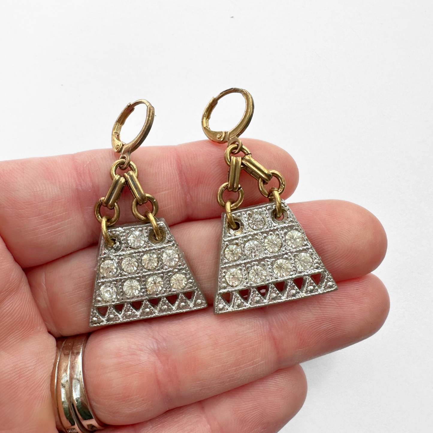 Refashioned vintage clear rhinestone silver geometric deco earrings