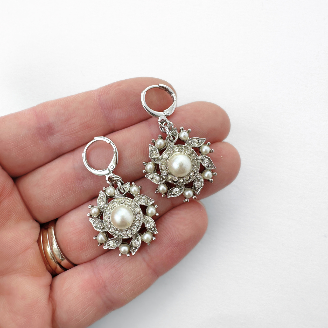 Refashioned vintage pearl, clear rhinestone, and silver earrings