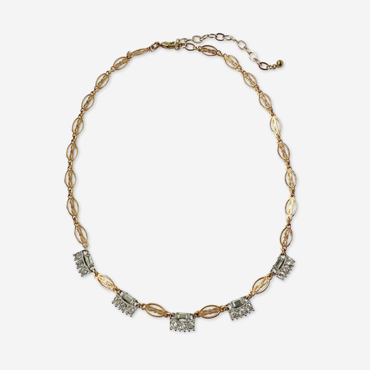 Refashioned vintage clear rhinestone and decorative gold link necklace