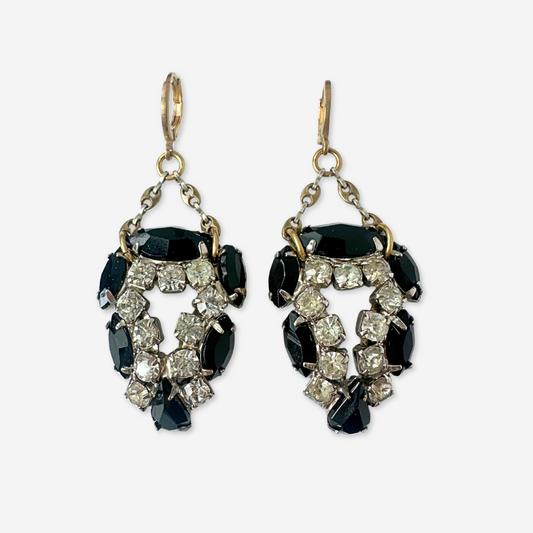 Vintage large clear and black rhinestone drop earrings with brass chain