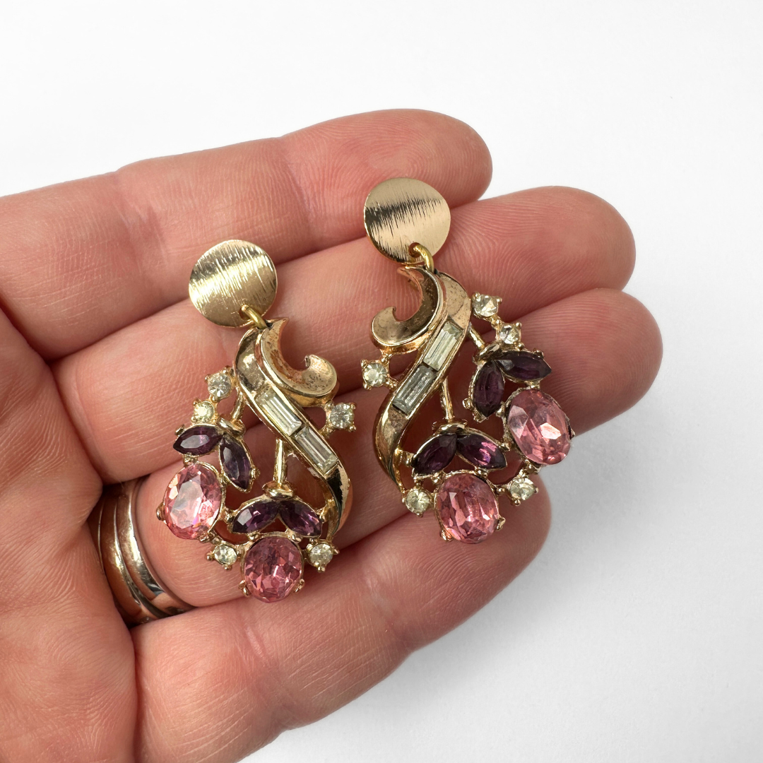 Refashioned vintage gold, pink, and purple rhinestone drop earrings