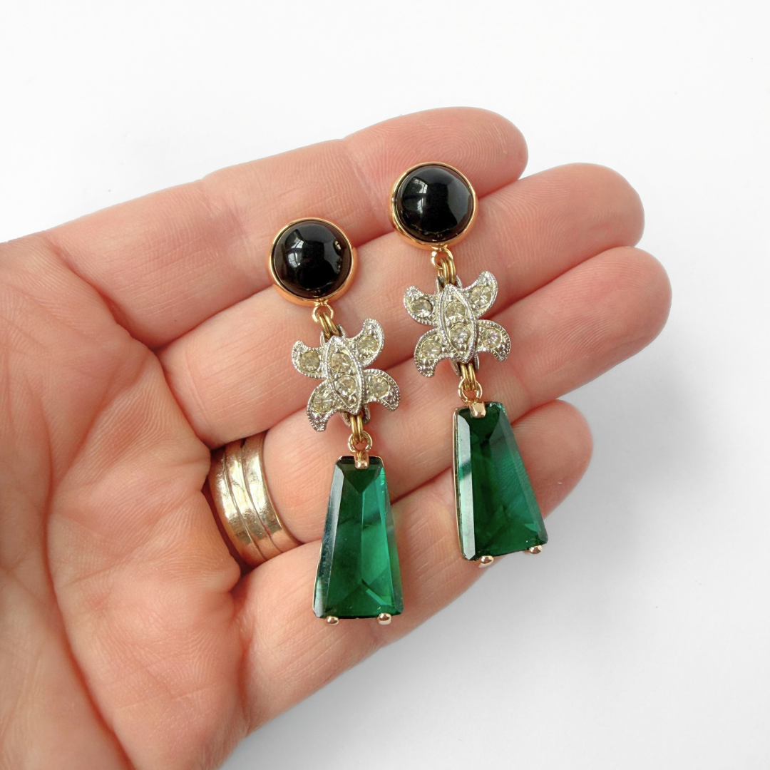 Green, black, and vintage rhinestone statement earrings