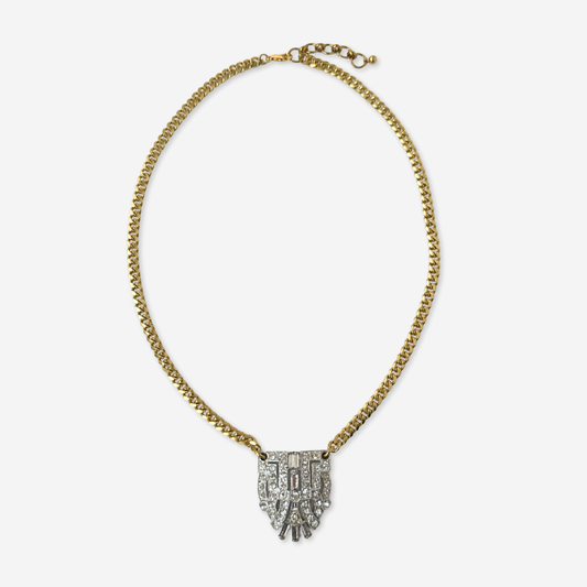 Refashioned art deco rhinestone pendant necklace on brass chain