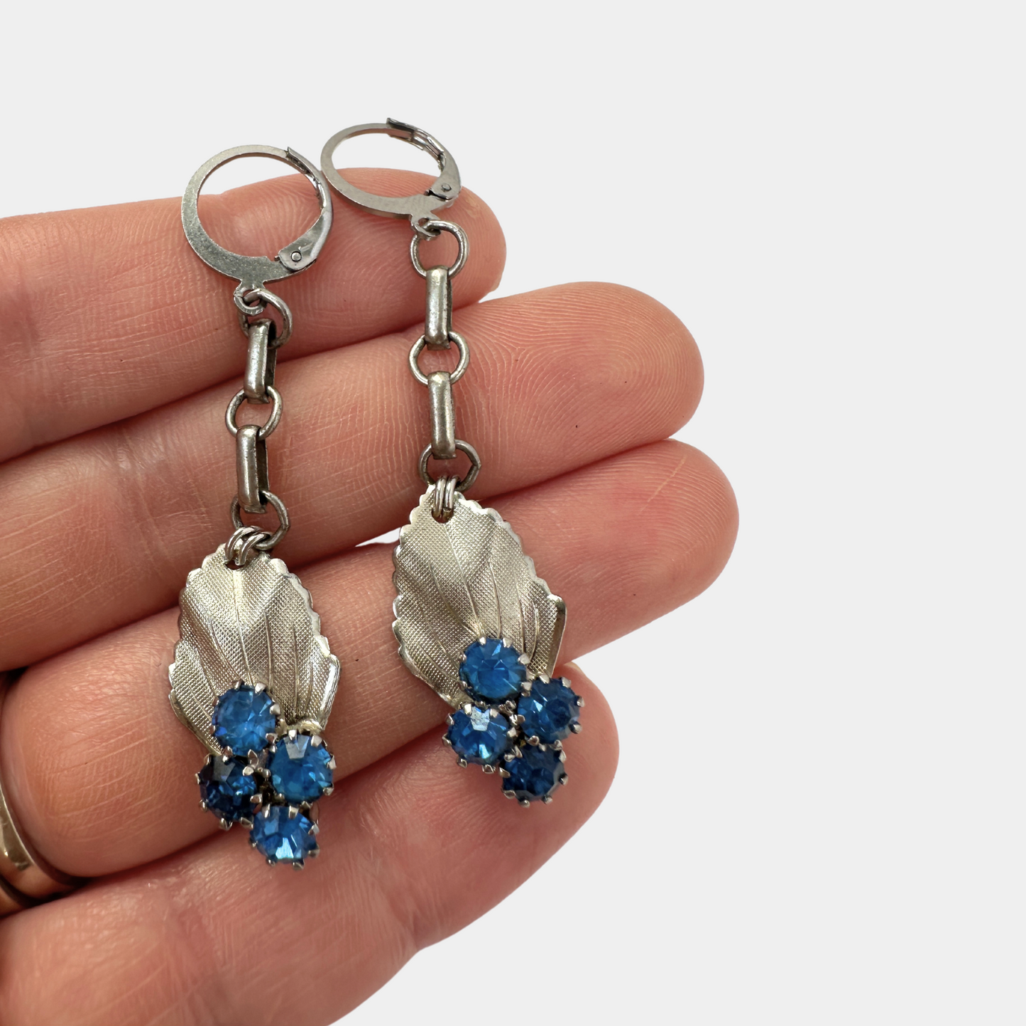 Refashioned vintage blue rhinestone silver leaf drop earrings