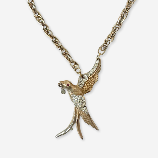 Refashioned vintage clear rhinestone and muted gold bird pendant