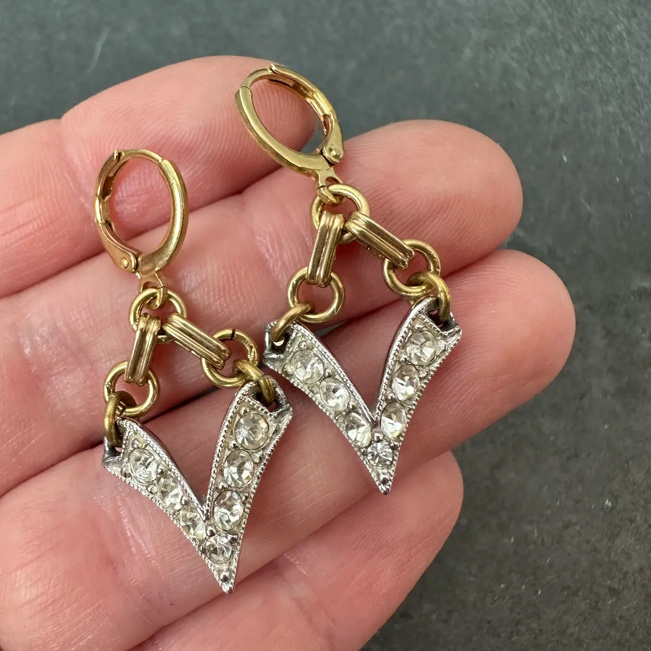 Refashioned vintage clear rhinestone v-shaped drop earrings