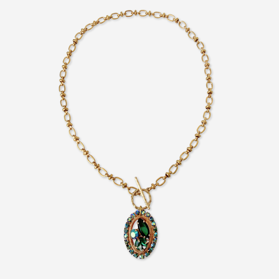Refashioned vintage iridescent emerald green rhinestone oval pendant on brass chain
