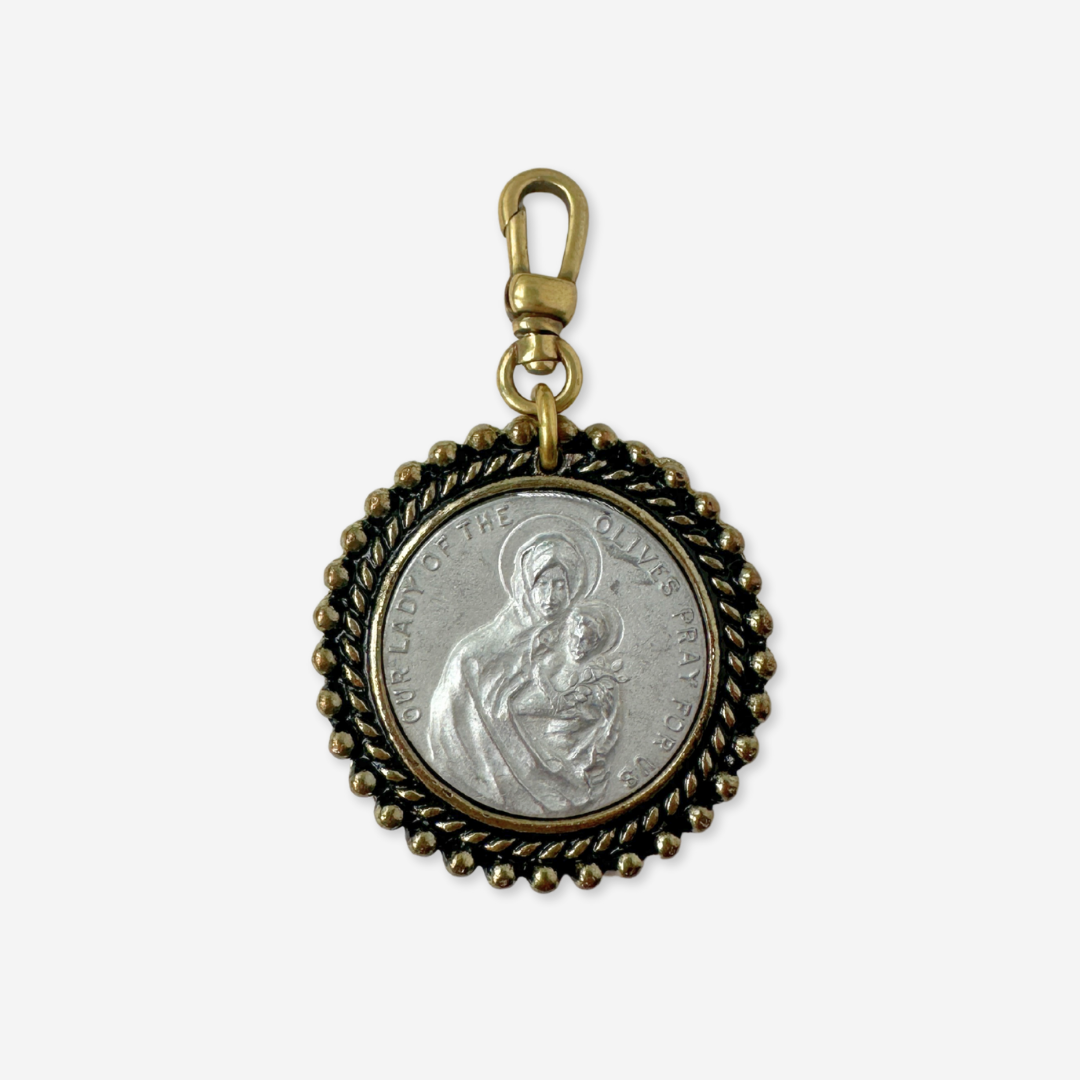 Largeb vintage mixed metal "Our Lady of Lourdes" circular medallion charm