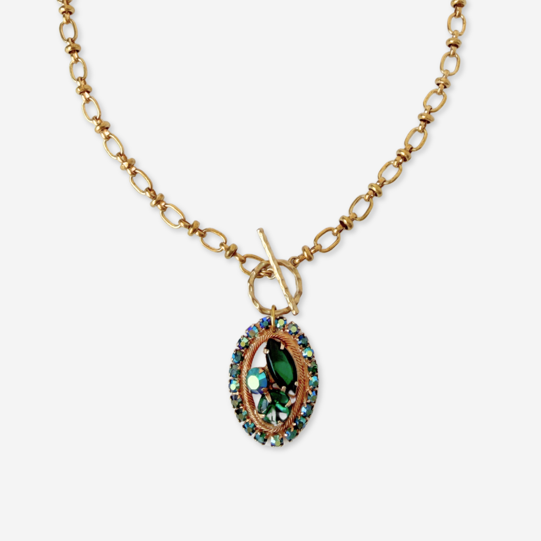 Refashioned vintage iridescent emerald green rhinestone oval pendant on brass chain