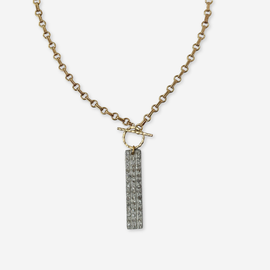 Refashioned vintage clear rhinestone elongated pendant with brass chain and toggle clasp