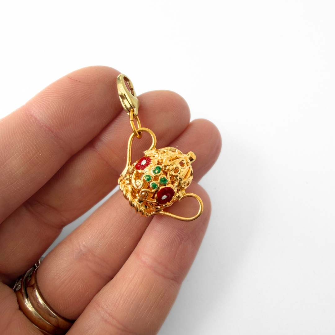 Vintage gold filigree and enamel teapot charm