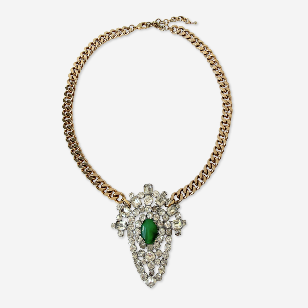 Large refashioned vintage clear and green rhinestone pendant necklace