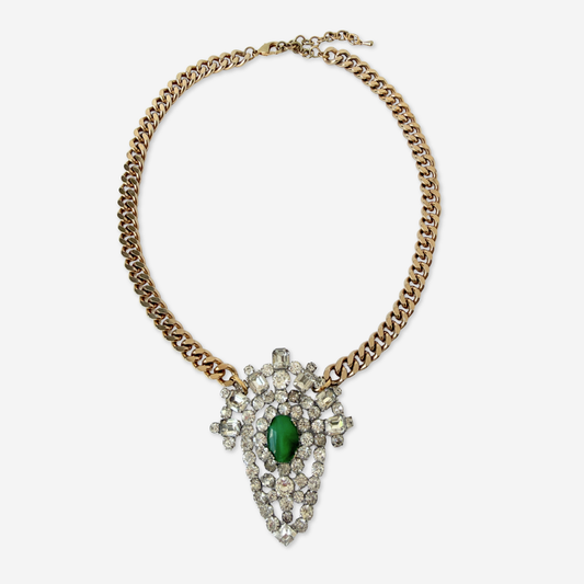 Large refashioned vintage clear and green rhinestone pendant necklace