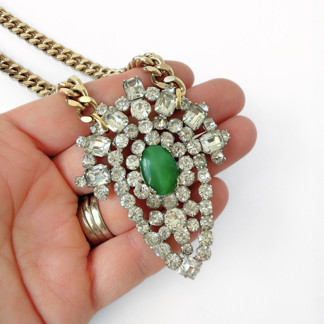 Large refashioned vintage clear and green rhinestone pendant necklace