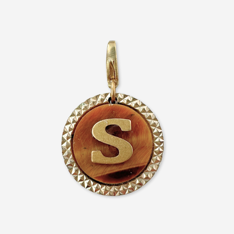 Refashioned vintage circular tigers eye "S" monogram charm
