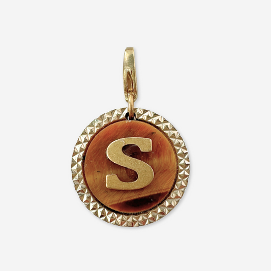 Refashioned vintage circular tigers eye "S" monogram charm