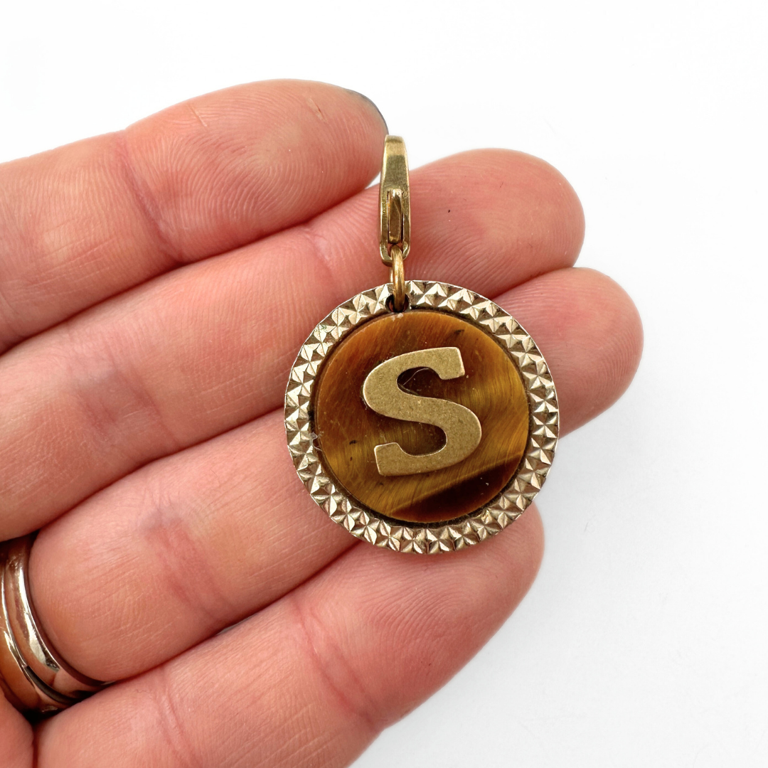 Refashioned vintage circular tigers eye "S" monogram charm